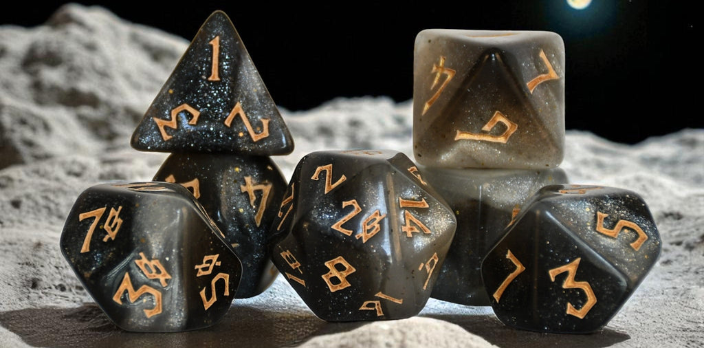 Set of polyhedral dice on a moon-like surface with a dark background