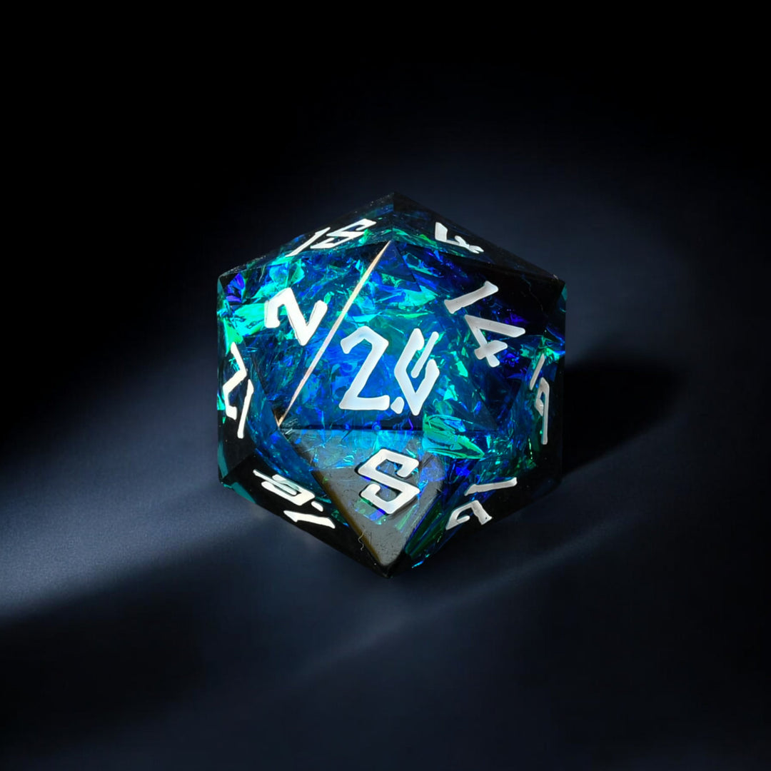 A hand-crafted, multicolored resin dice with hand-painted numbers, illuminated by environmental lighting, typically used for tabletop RPG games.