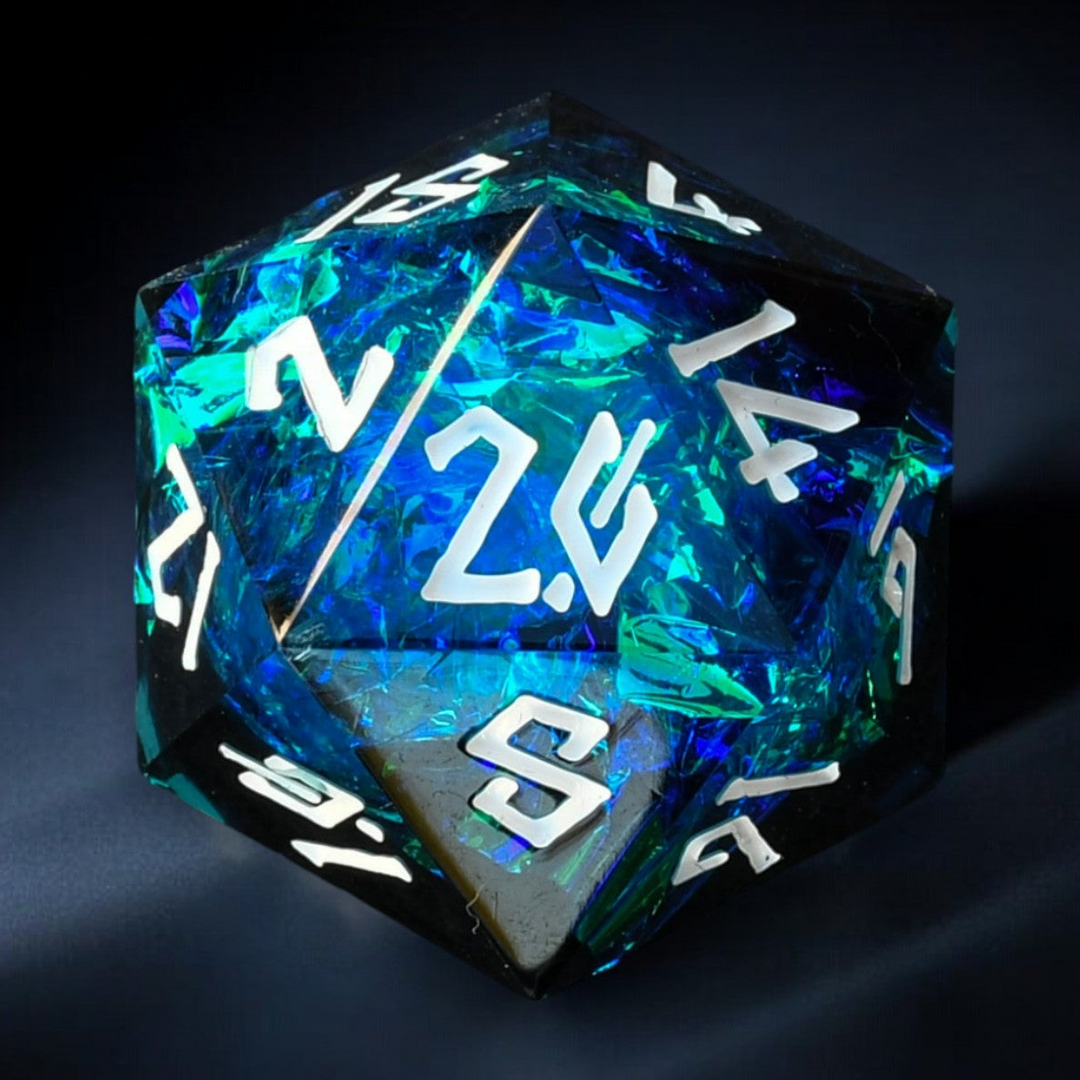 A hand-crafted, multicolored resin dice with hand-painted numbers, illuminated by environmental lighting, typically used for tabletop RPG games.