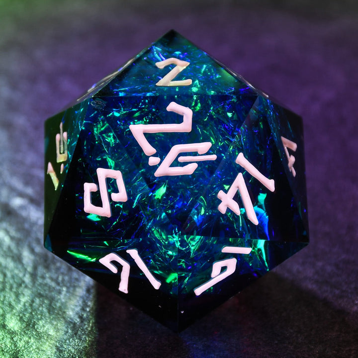 A hand-crafted, multicolored resin dice with hand-painted numbers, illuminated by environmental lighting, typically used for tabletop RPG games.