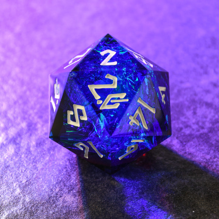 A hand-crafted, multicolored resin dice with hand-painted numbers, illuminated by environmental lighting, typically used for tabletop RPG games.