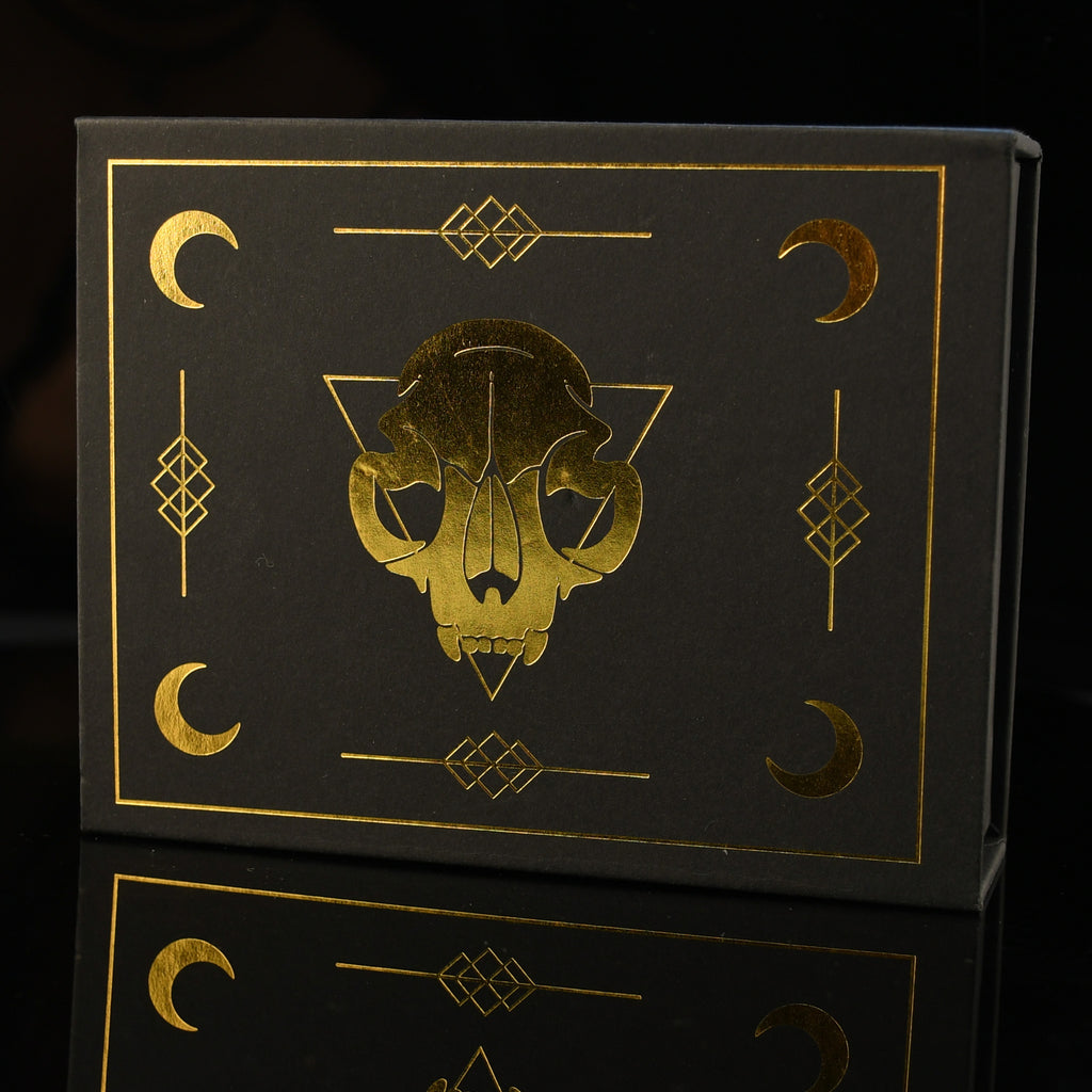 Black polyhedral dice box with gold skull and cresant moon details 