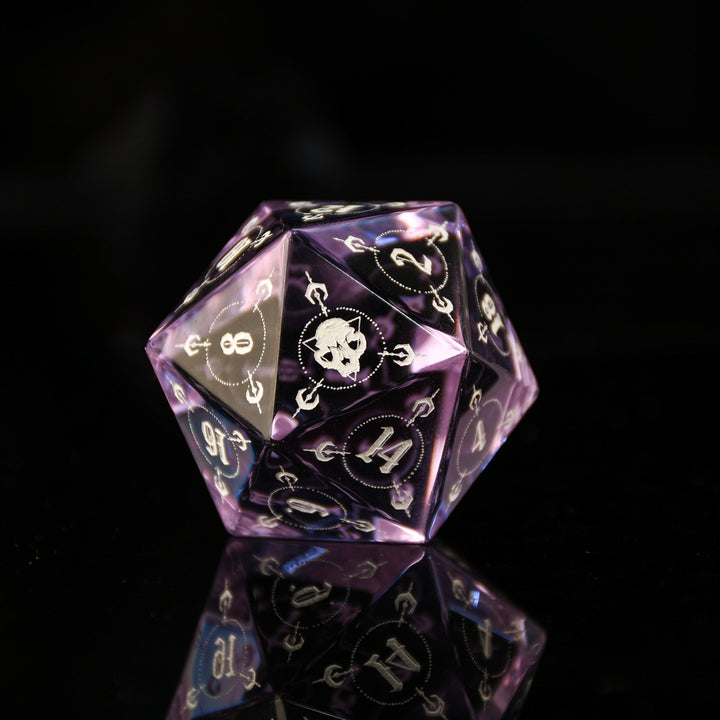 Purple polyhedral dice with white numbering on a black background