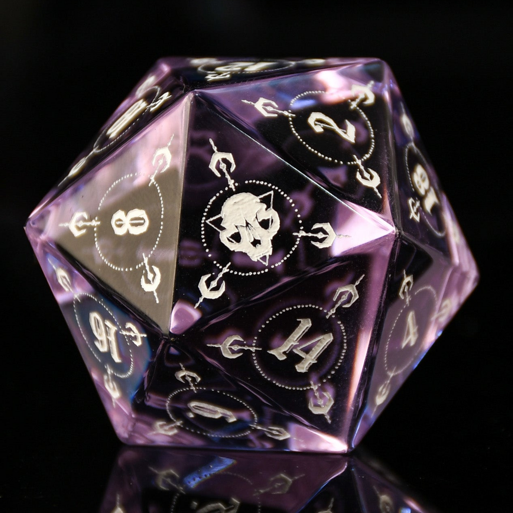 Purple polyhedral dice with white numbering and symbols on a black background