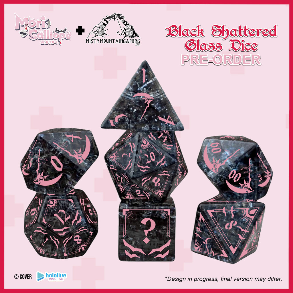 Black shattered glass dice set with pink markings on a pink background, featuring Misty Mountain Gaming and Moth Games logos.