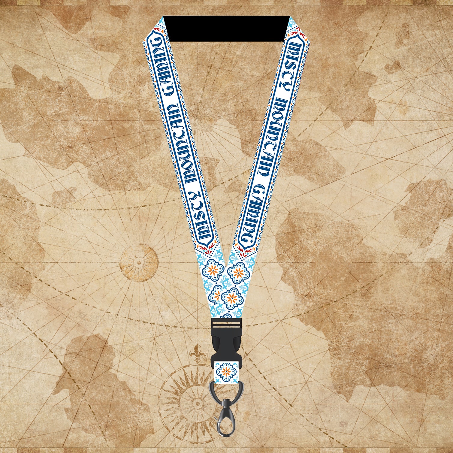 A lanyard with a geometric pattern predominantly in blue and white, featuring text that reads 'MOROCCAN', displayed against a vintage map background.
