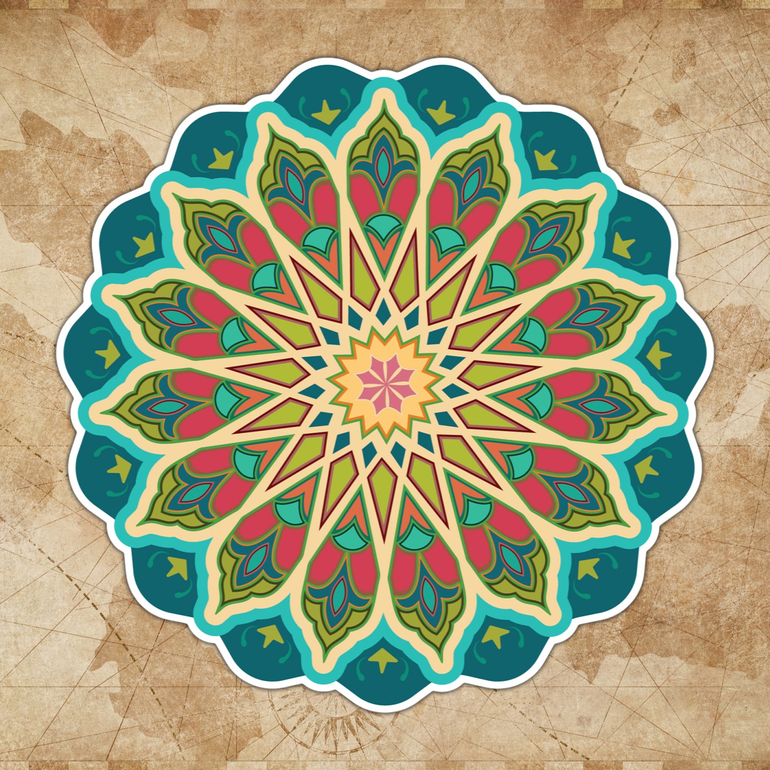 A colorful sticker with a geometric pattern, featuring various shades of blue, red, and green, resembling a traditional Moroccan mosaic design.