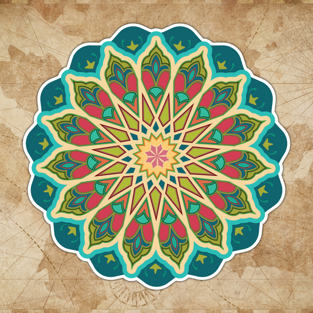 A colorful sticker with a geometric pattern, featuring various shades of blue, red, and green, resembling a traditional Moroccan mosaic design.