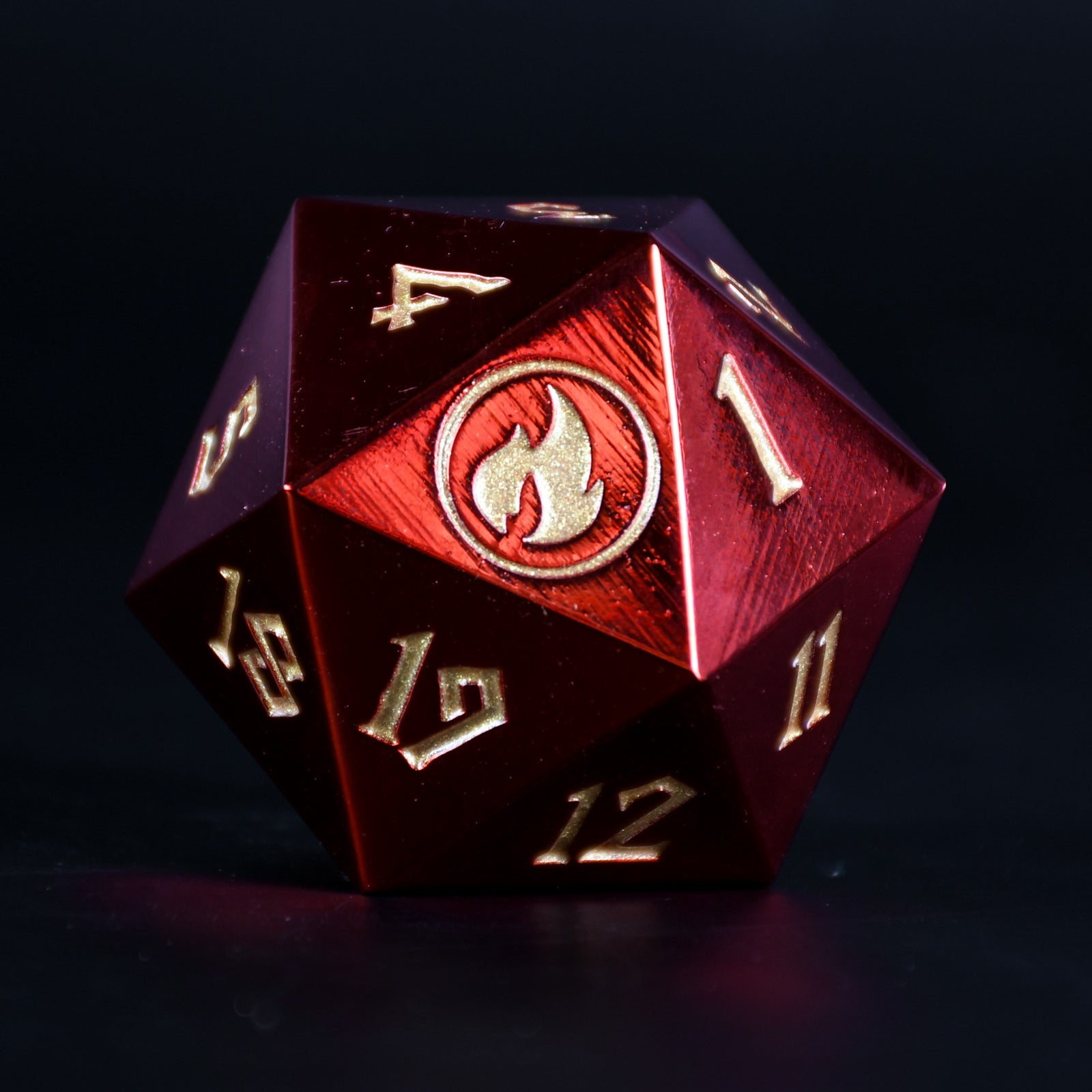 Mountain Mana Spindown Metal D20 mtg die with gold numbering on black background