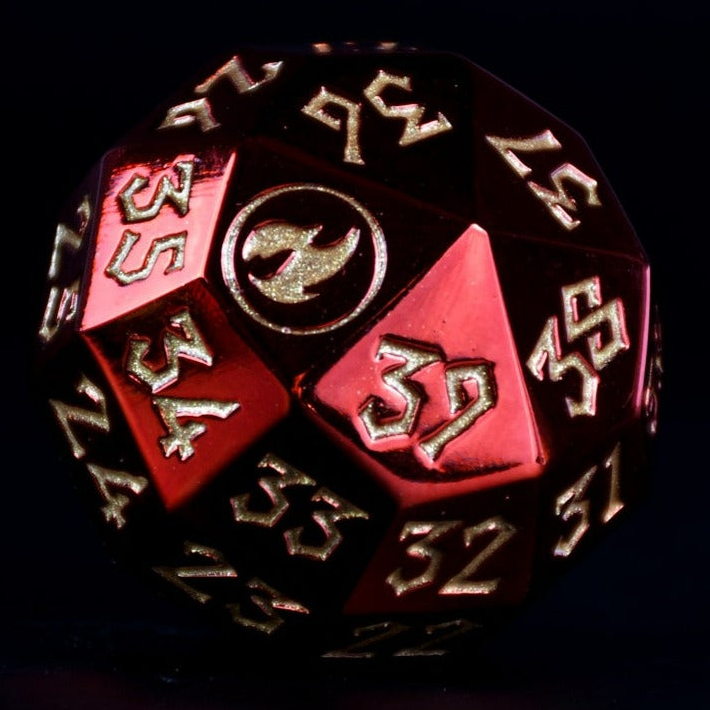 Red polyhedral dice with gold numbers and symbols on a black background