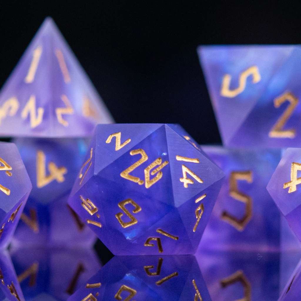 A set of matte purple sharp-edged resin dnd dice with gold engraved numbers, reflecting on a black surface.
