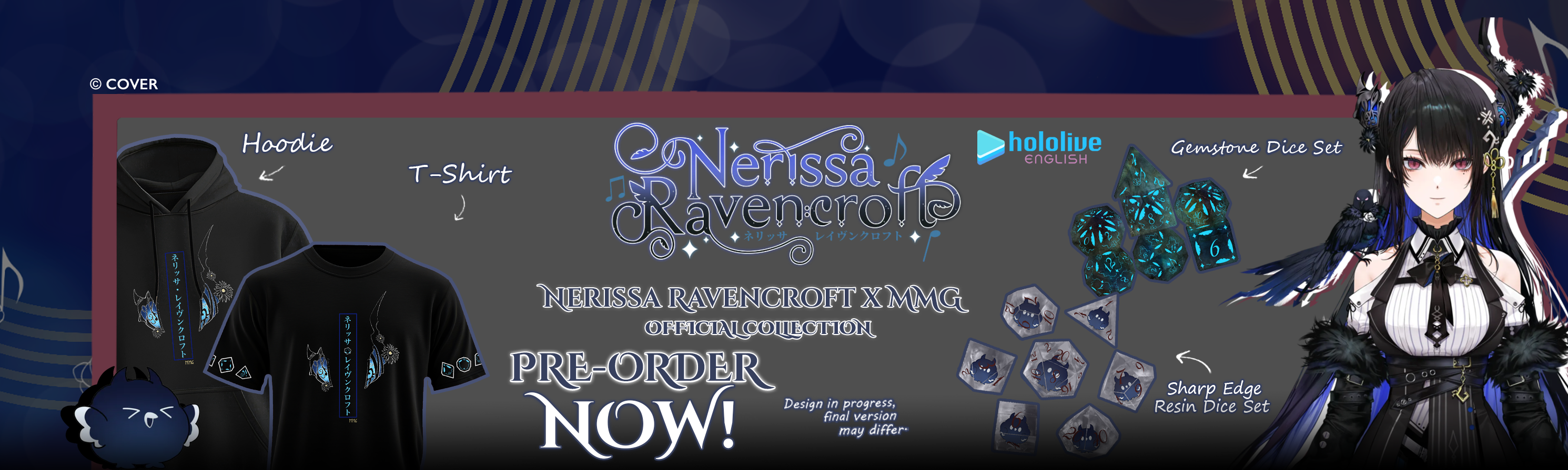 Banner showcasing Nerissa Ravencroft and all dice and apparel
