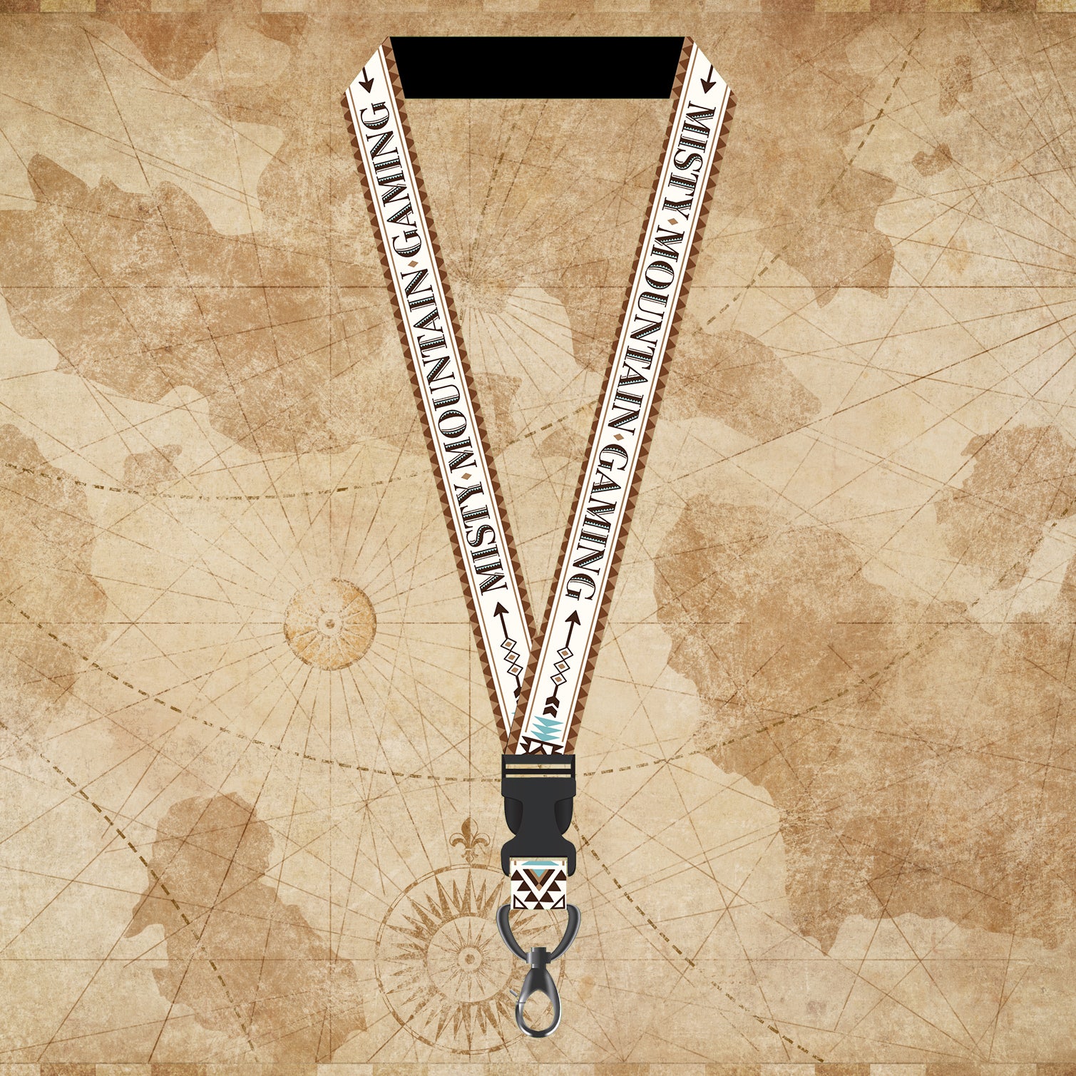 A lanyard with a geometric pattern, predominantly in black and white, displayed against a vintage map background.