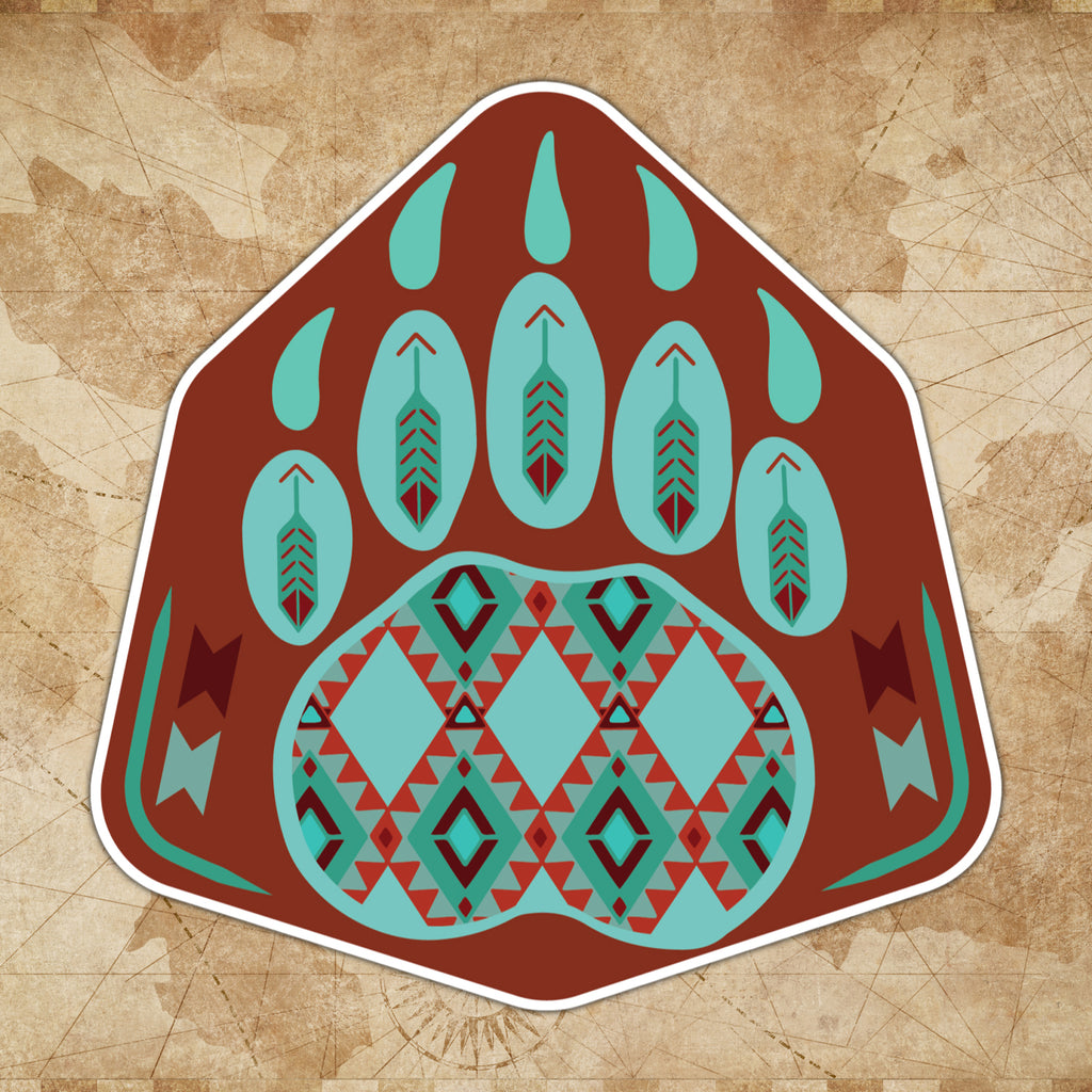 A sticker with a geometric pattern resembling a bear paw in brown and teal colors, with decorative elements such as feathers.