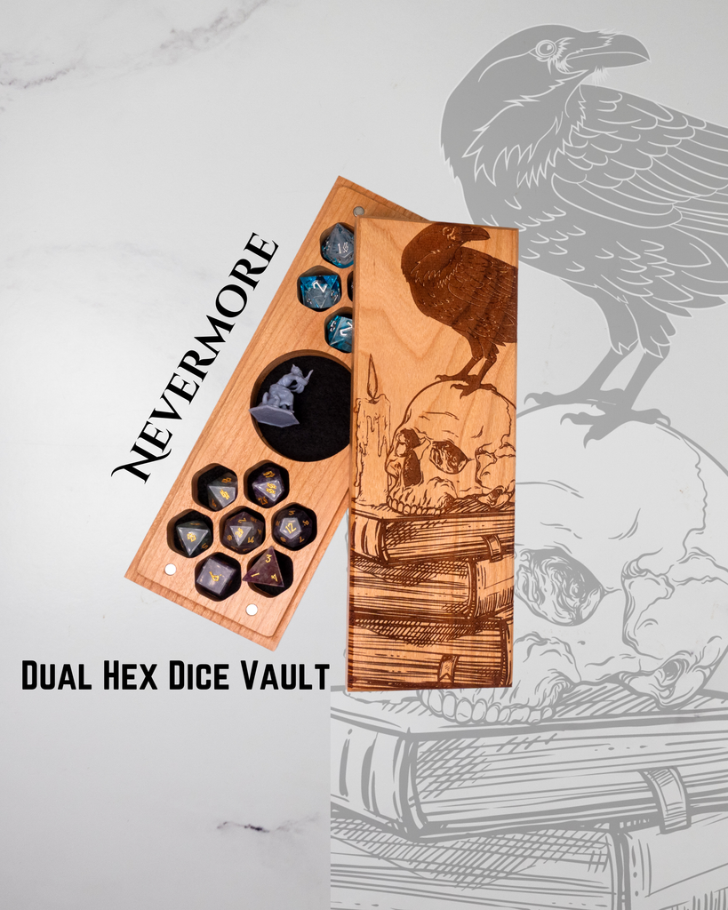 Dual hex dice vault with 'Nevermore' branding on a marble surface with a skull and eagle illustration in the background.