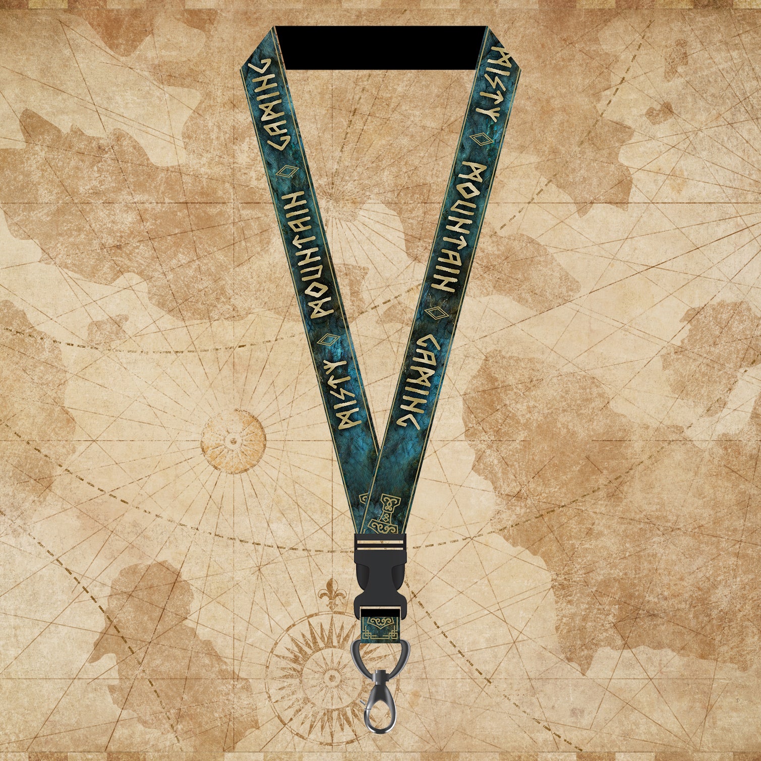 A lanyard with a pattern inspired by Nordic heritage, displayed against a vintage map background.