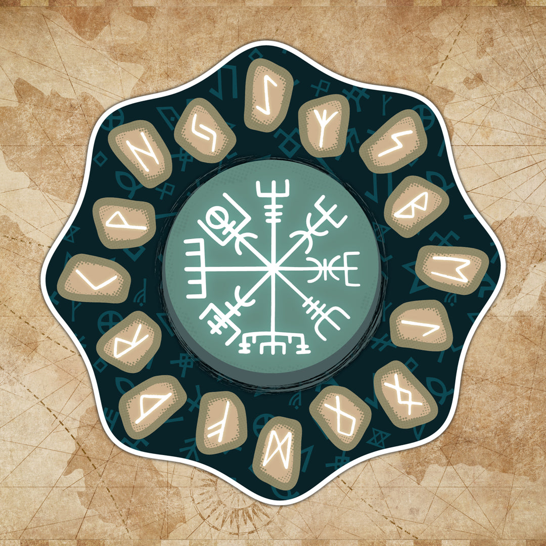 A circular sticker with Nordic runic designs and a central intricate geometric pattern on a textured background.