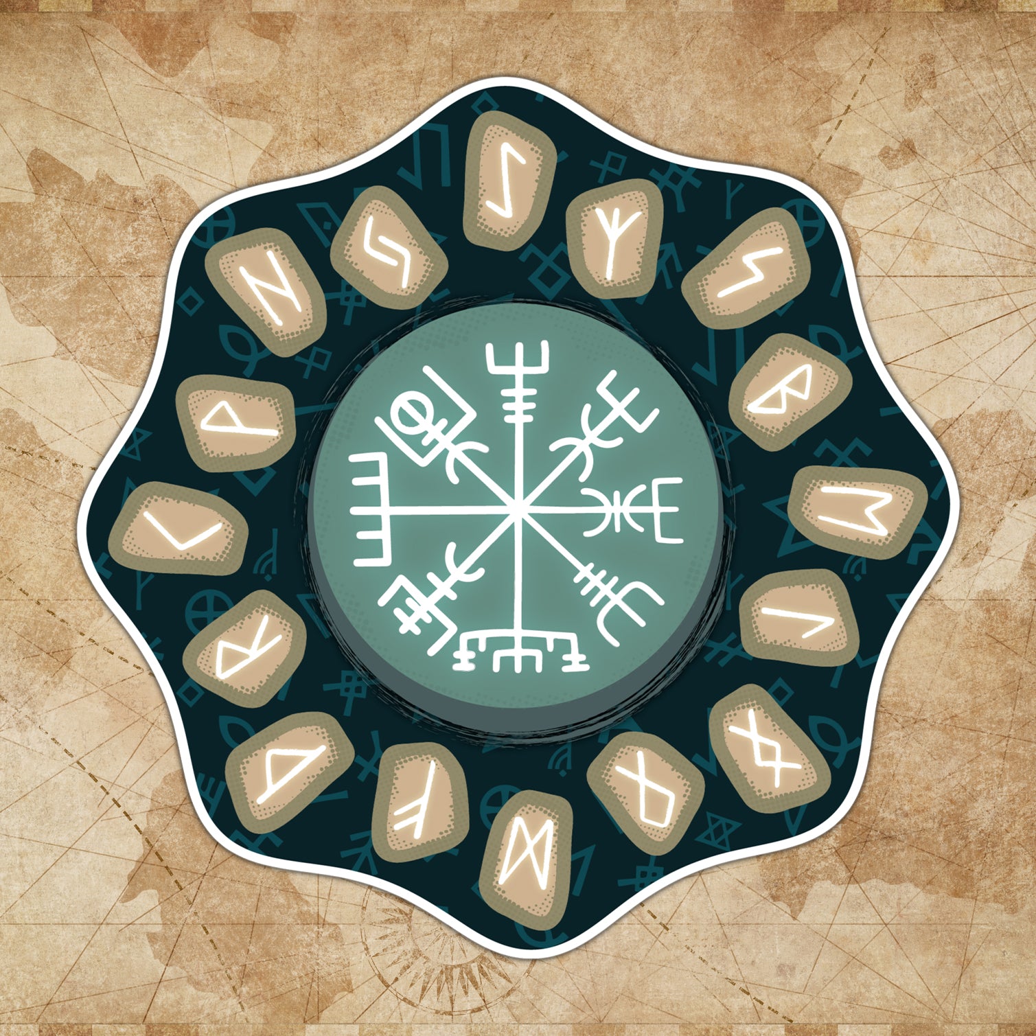A circular sticker with Nordic runic designs and a central intricate geometric pattern on a textured background.