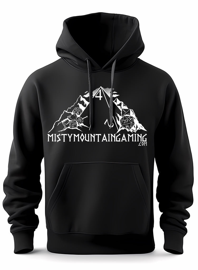 Black gaming hoodie with 'Mistymountaingaming' text and mountain emblem, dice on sleeve