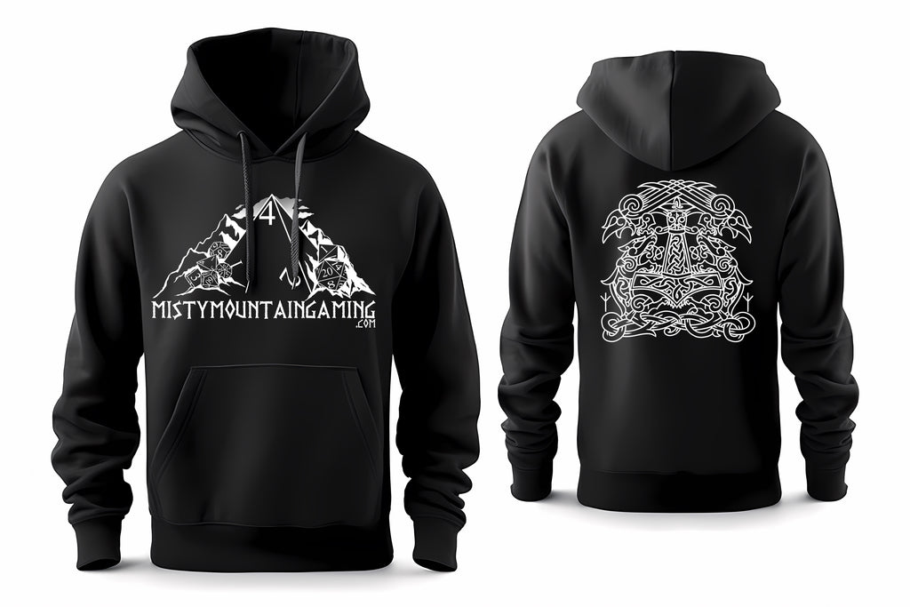 Black gaming hoodie with 'Mistymountaingaming' text and mountain emblem, dice on sleeve