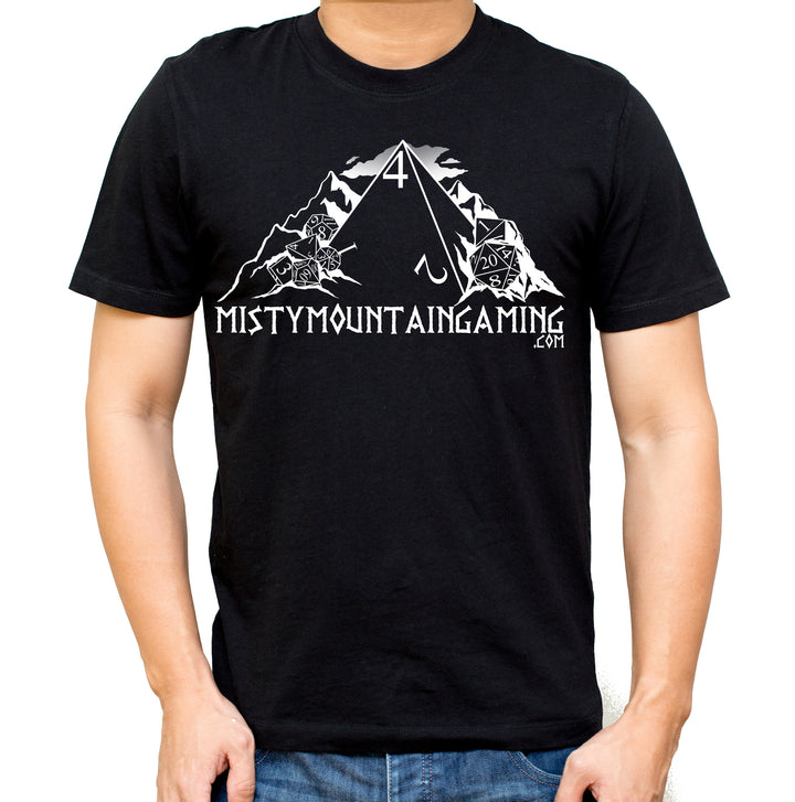 A black t-shirt with a white graphic print of mountains and the text &