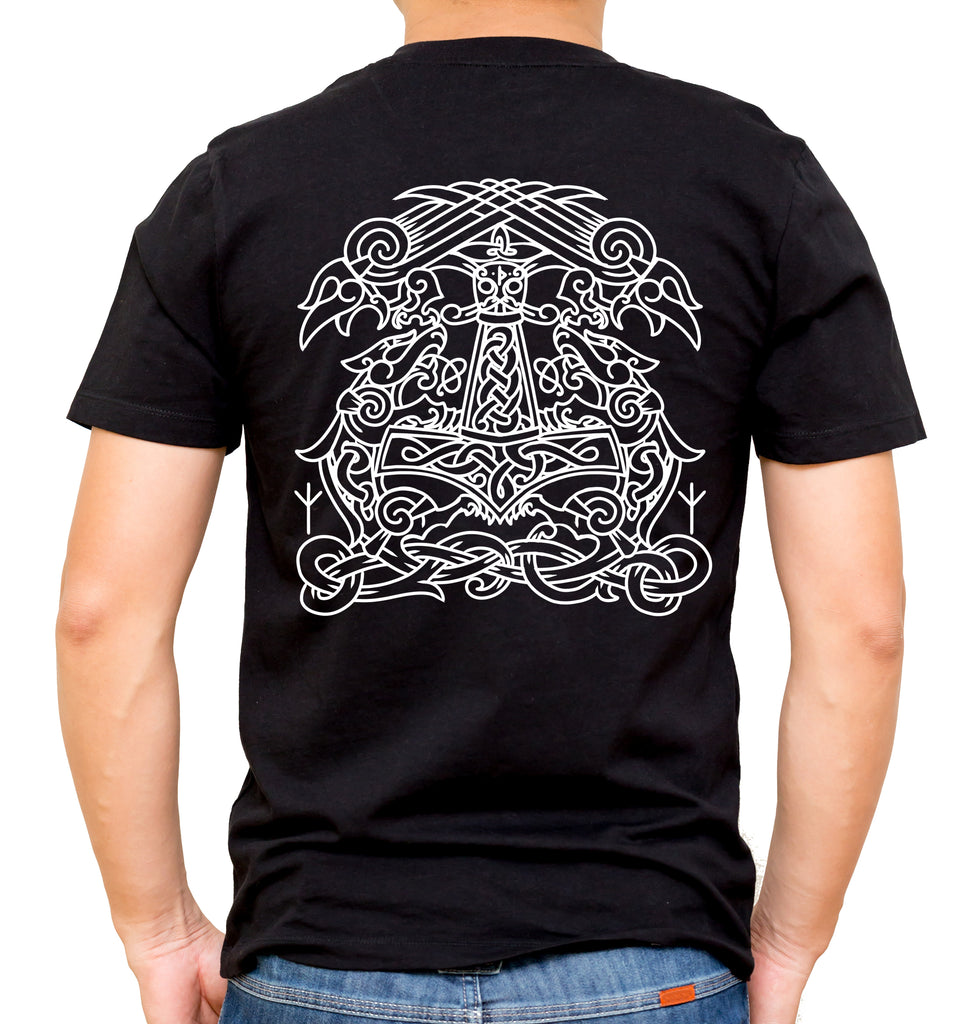 A black t-shirt with a white graphic print of mountains and the text 'Mistymountaingaming' on the front, and a Norse emblem on the back.