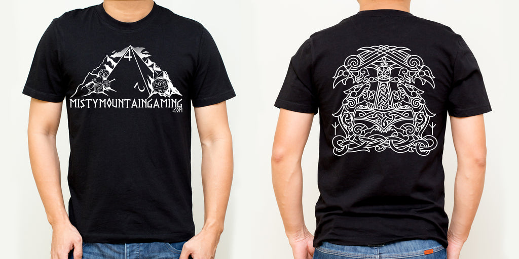 A black t-shirt with a white graphic print of mountains and the text 'Mistymountaingaming' on the front, and a Norse emblem on the back.