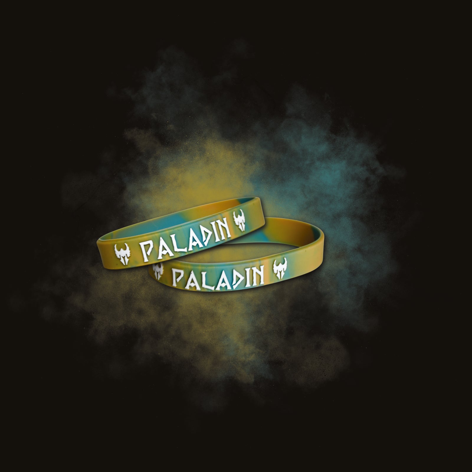 Two green wristbands with 'Paladin' branding on a dark background with colorful smoke effect.