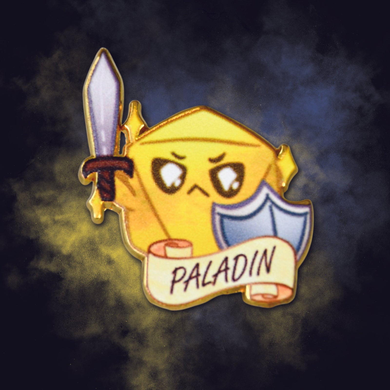 A d20 dice character with a sword and shield labeled 'Paladin' on a dark background