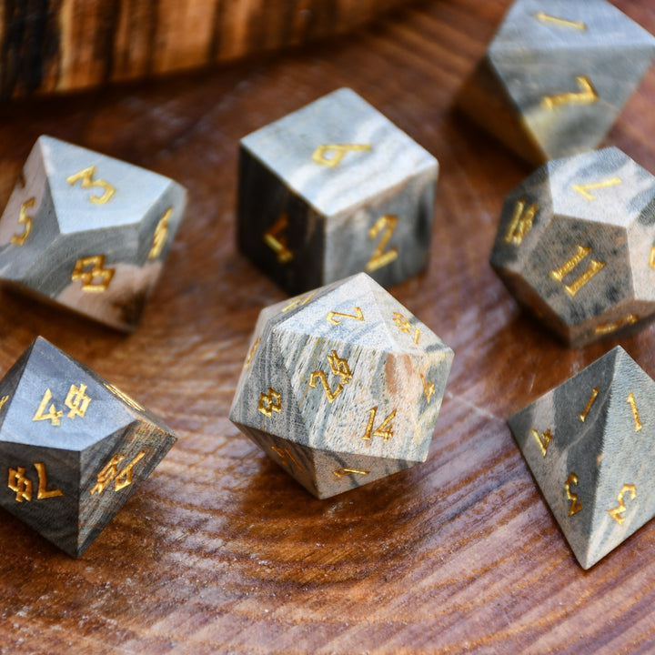 Pale Green Stabilized Wood Dice with golden numbers