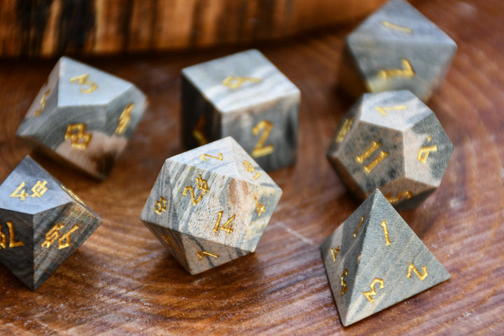 Pale Green Stabilized Wood Dice with golden numbers