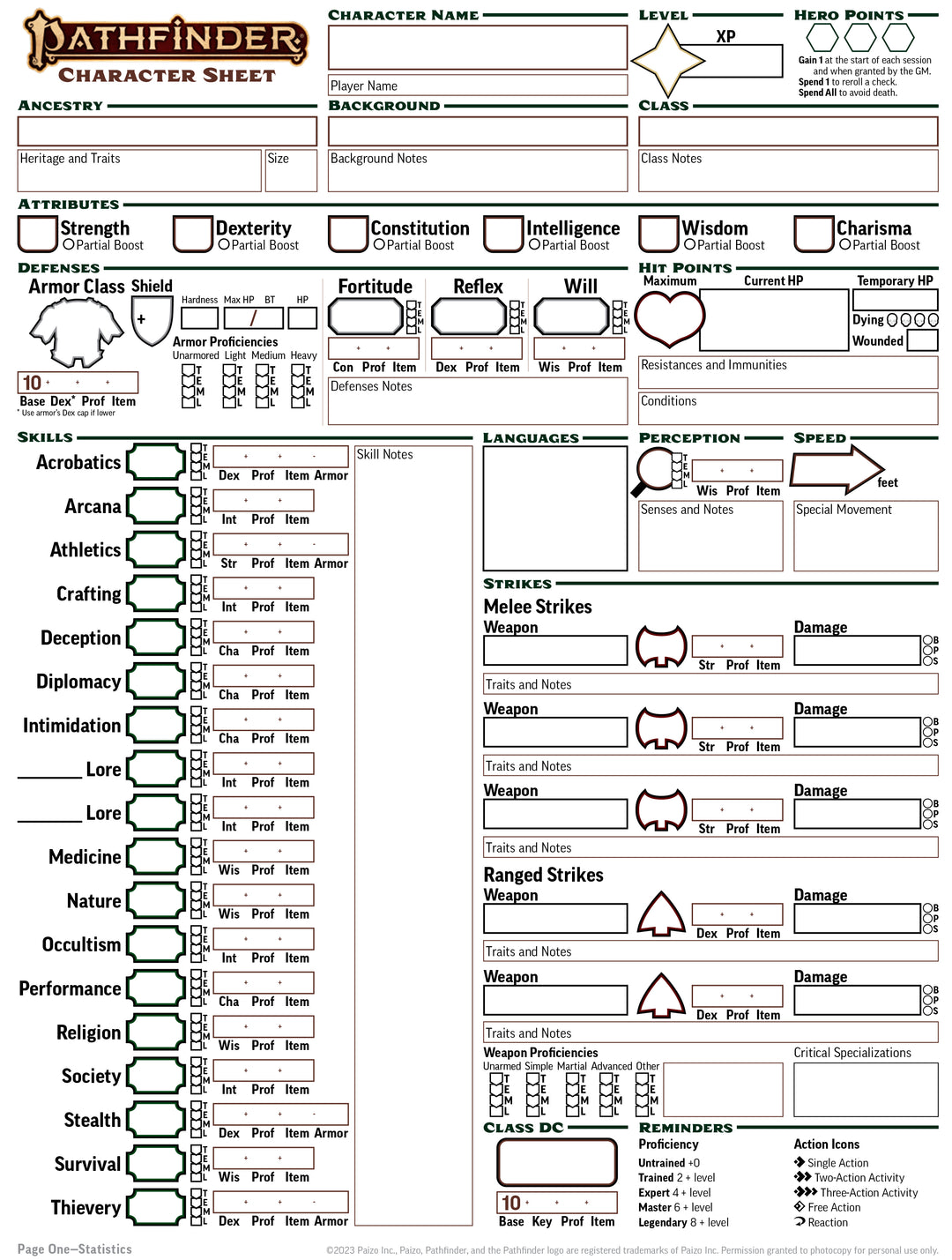 Pathfinder RPG TTRPG Character Sheet Printable PDF 