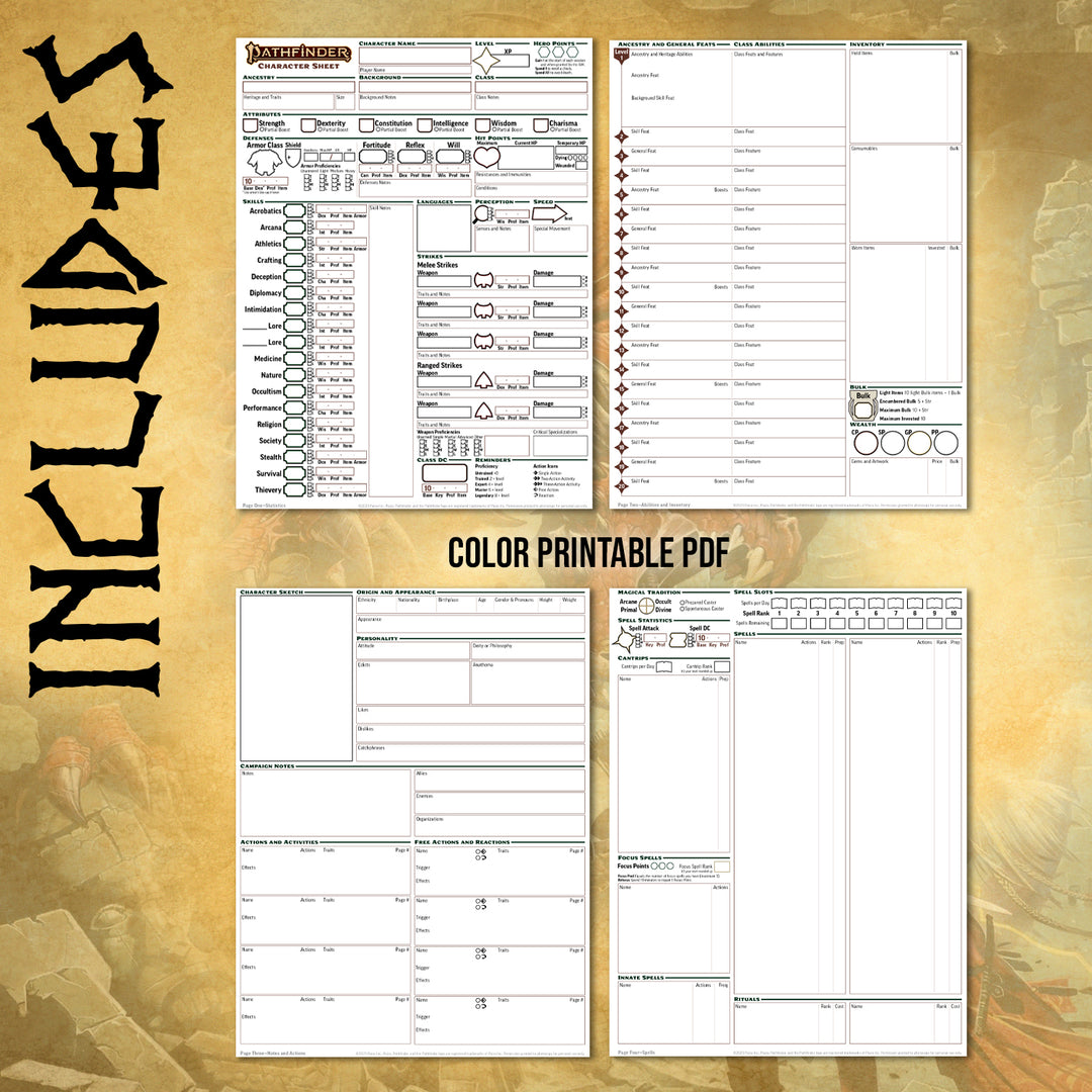 Pathfinder RPG TTRPG Character Sheet Printable PDF 