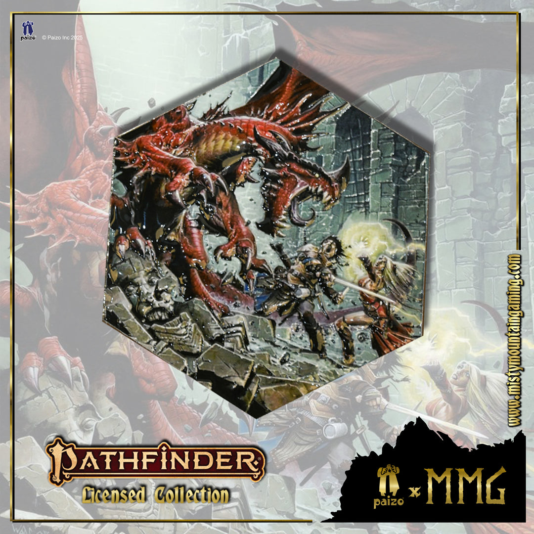 Hexagonal magnet from Pathfinder Licensed Collection with fantasy scene, featuring dragons and characters.