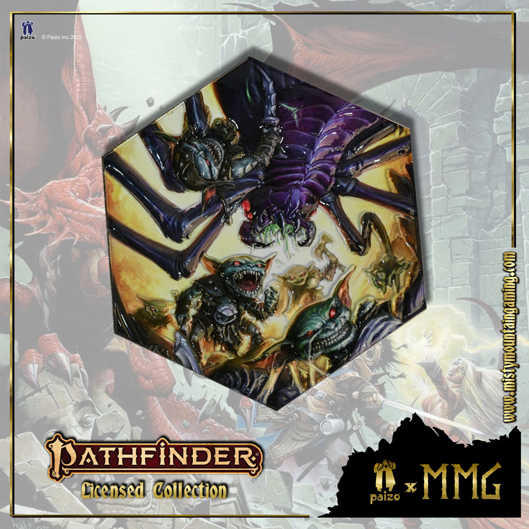 Hexagonal magnet with fantasy creature design, Pathfinder Licensed Collection branding, and MMG logo.