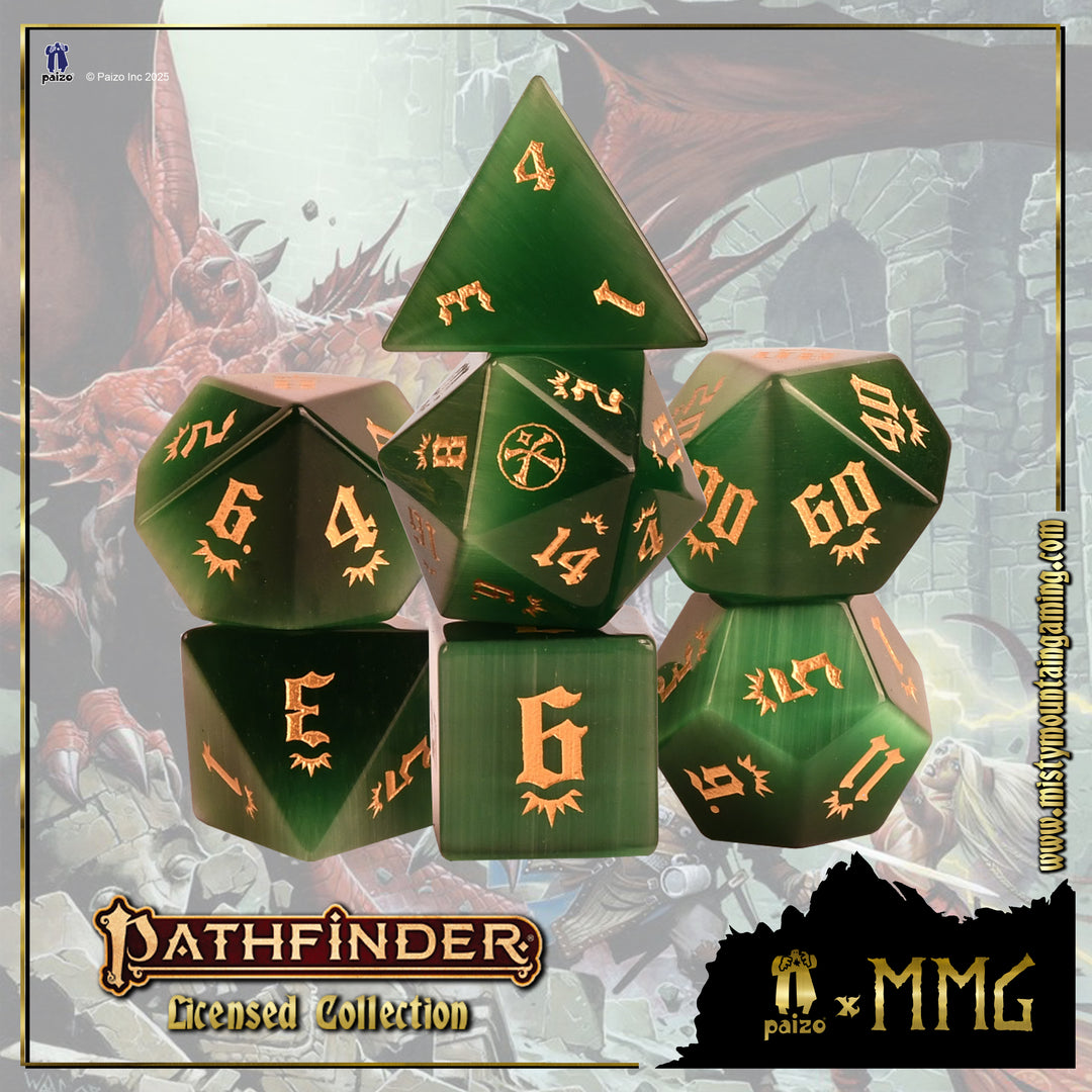 Set of Pathfinder dice with gold numbers on a fantasy-themed background