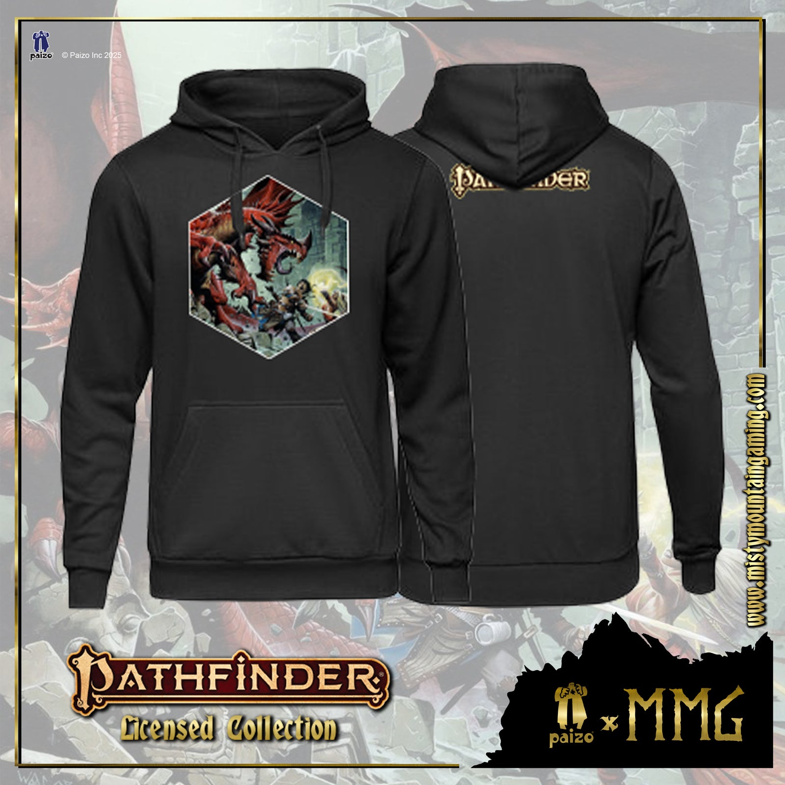 Black hoodie with Pathfinder logo and design on front and back, on a fantasy-themed background.