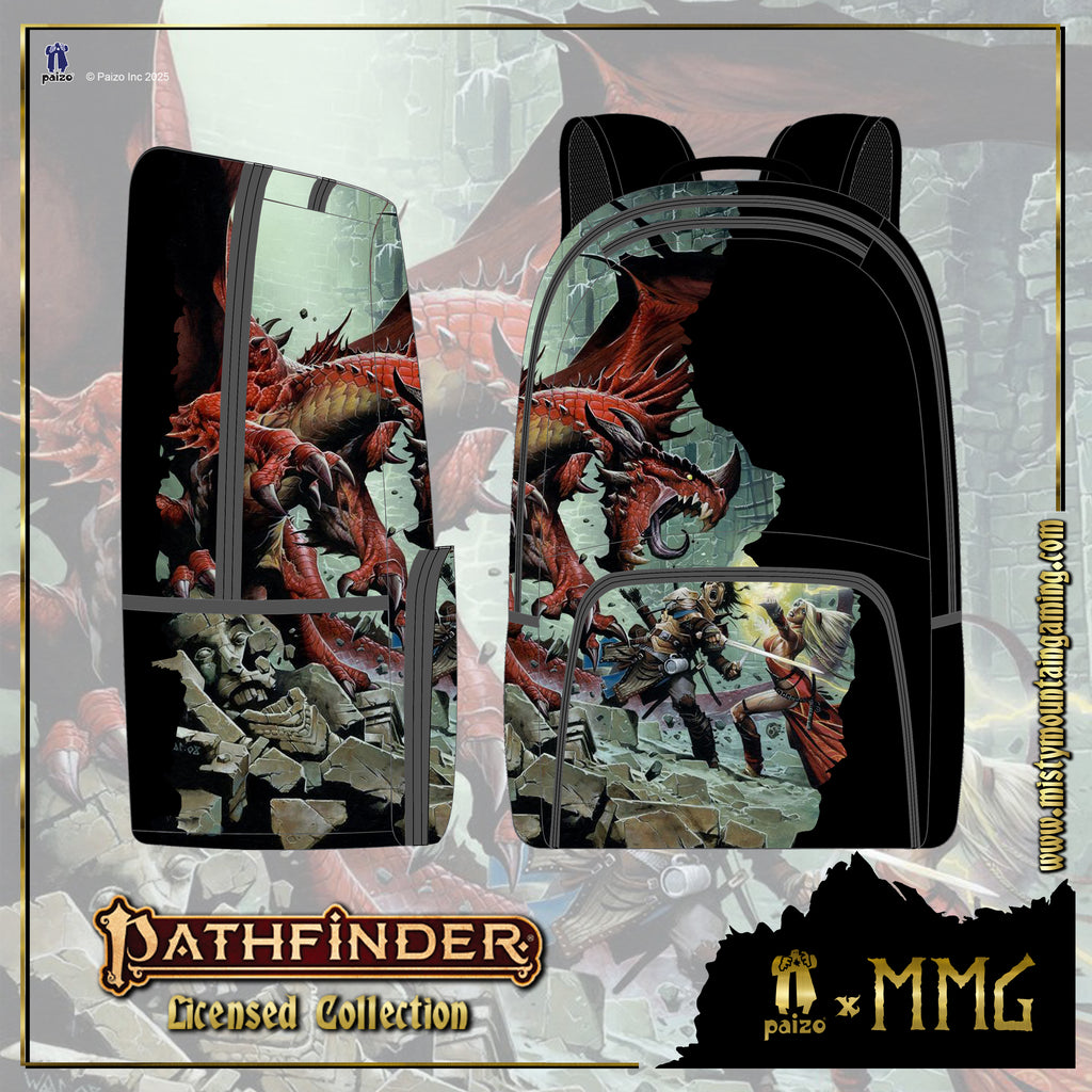 Backpack with dragon design and Pathfinder Licensed Collection branding on a gray background.