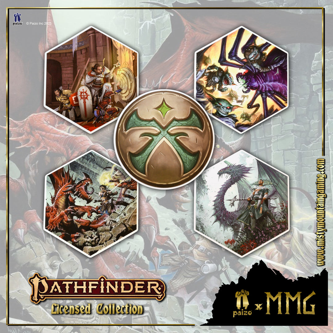 Hexagonal Pathfinder logo stickers and artwork on a textured background