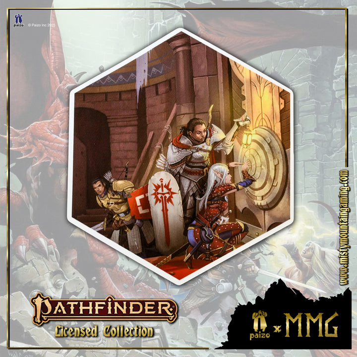 hexagonal pathfinder sticker featuring original pathfinder artwork from paizo