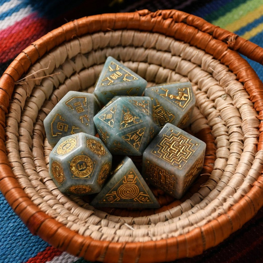 A set of hand-carved green amazonite stone dice with gold engravings, displayed on a colorful patterned fabric.