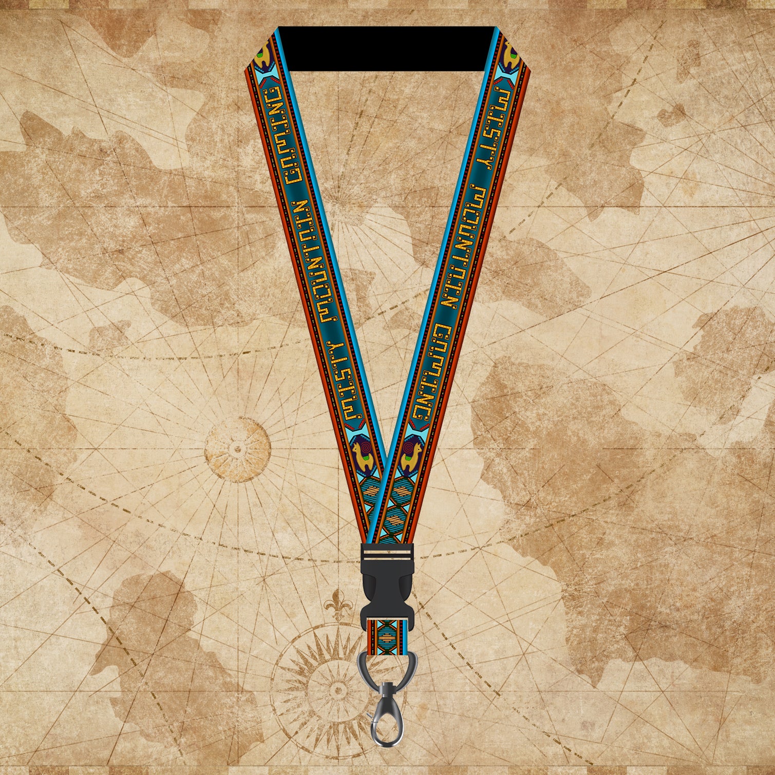 A colorful lanyard with a map background and various colorful elements, likely representing a Peruvian-inspired design from the Dice Around the World Collection.