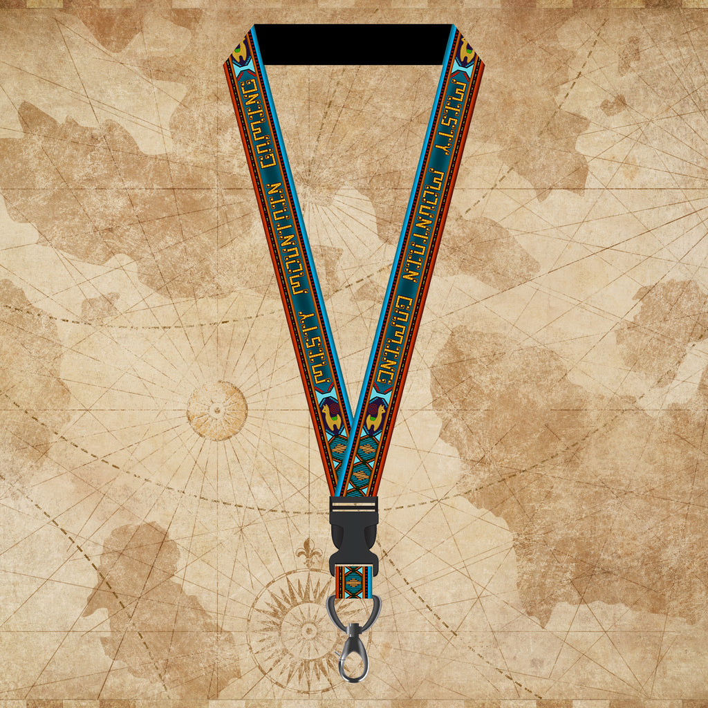 A colorful lanyard with a map background and various colorful elements, likely representing a Peruvian-inspired design from the Dice Around the World Collection.