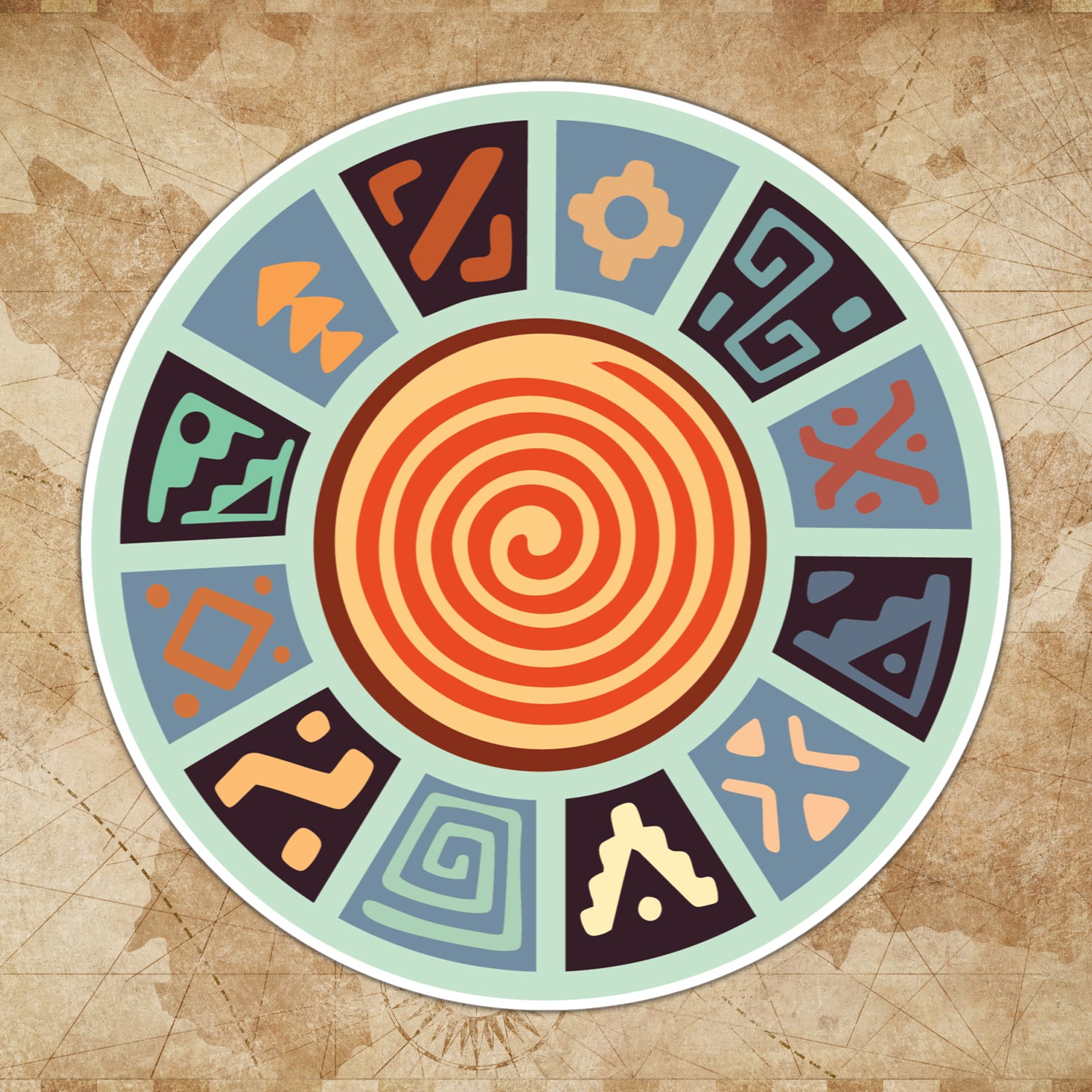 A circular sticker with a central spiral design and peripheral cultural symbols, predominantly in orange, blue, and green tones.