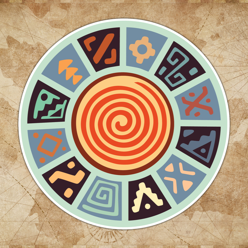 A circular sticker with a central spiral design and peripheral cultural symbols, predominantly in orange, blue, and green tones.