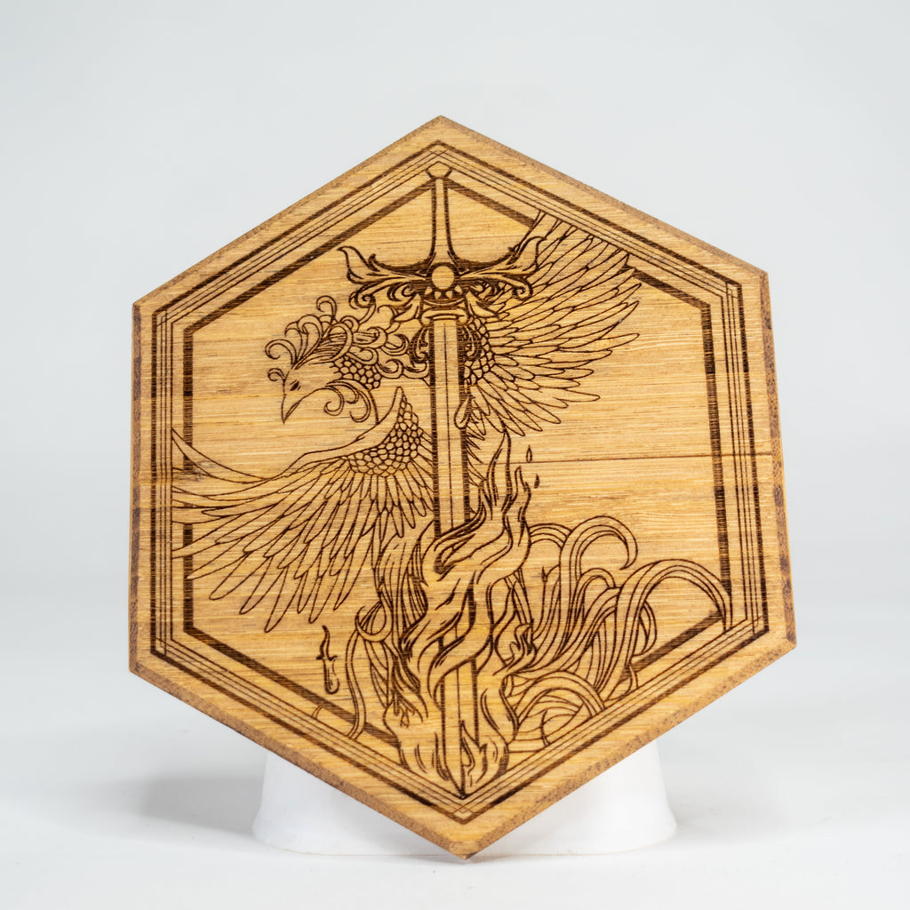 A decorative wooden art piece featuring a golden phoenix and Viking-themed design, intended for use as a Dungeon Master screen accessory.