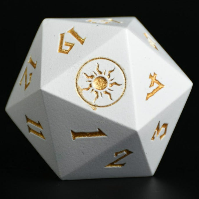 Plains Mana Spindown Metal D20 mtg die with gold numbering on balck background