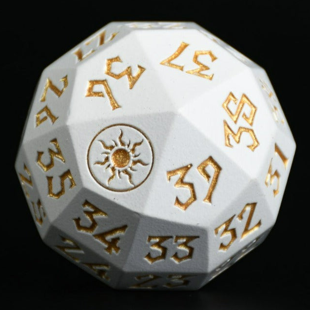 Plains Mana Spindown Metal D40 die with gold numbering on a black background