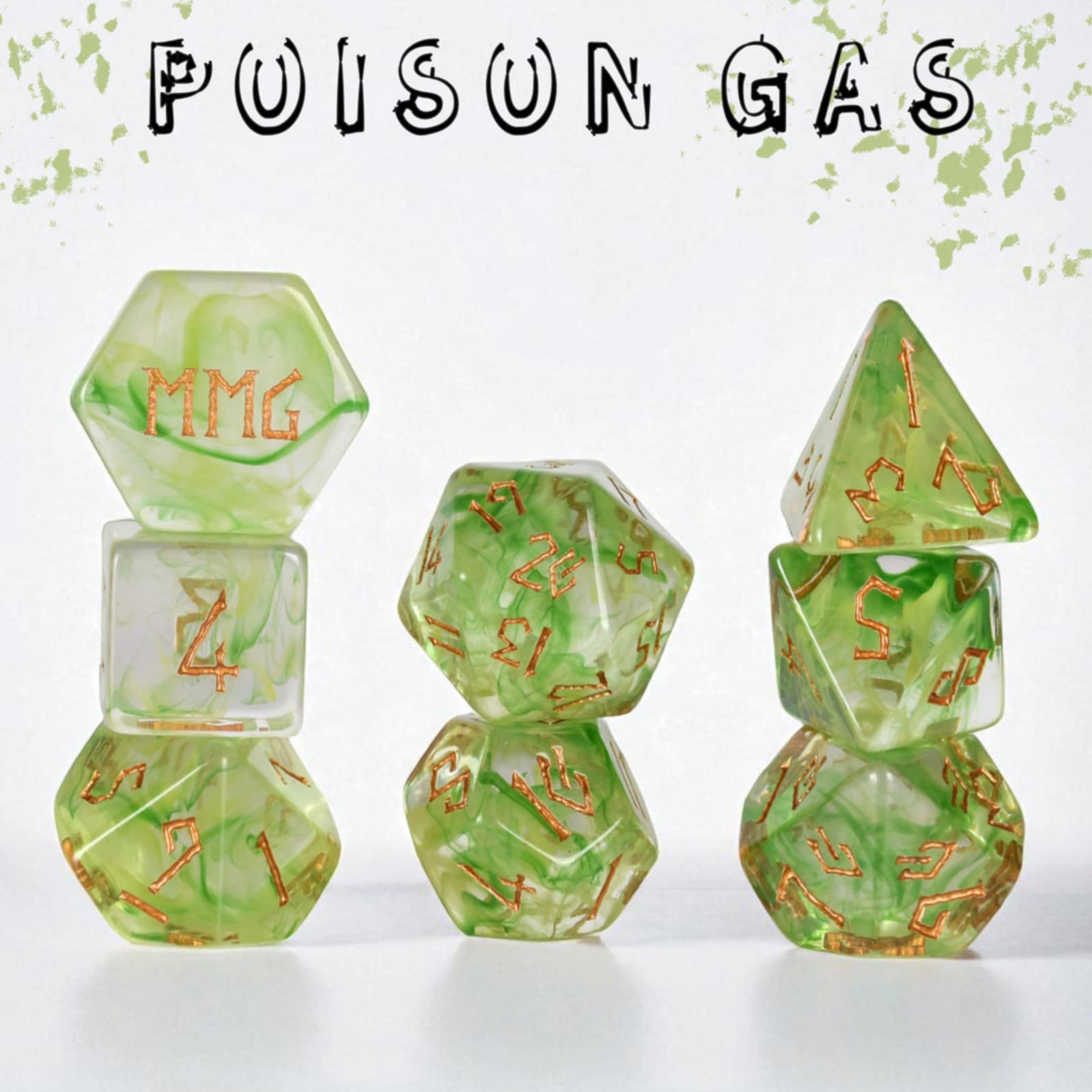 Set of green dice with orange text on a white background, labeled 'Poison Gas' from The Resin Collection.