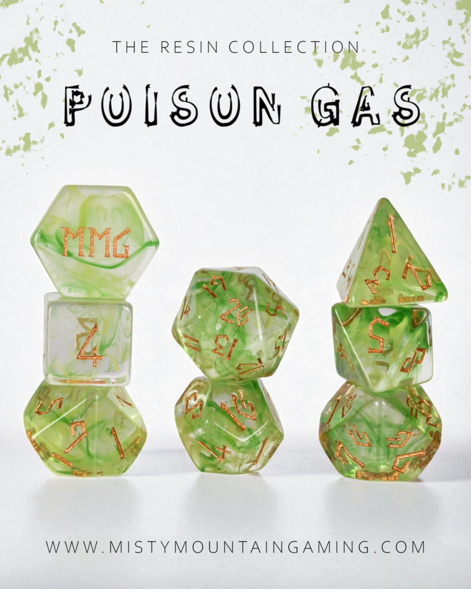 Set of green dice with orange text on a white background, labeled 'Poison Gas' from The Resin Collection.